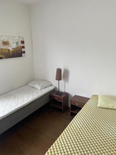 a bedroom with two beds and a lamp on a table at Коттедж in Lappeenranta