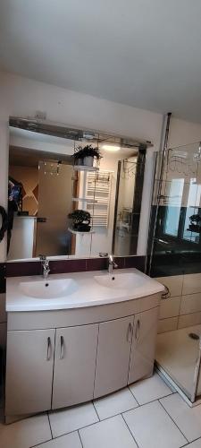 un bagno con due lavandini e un grande specchio di Studio premium a Luz-Saint-Sauveur
