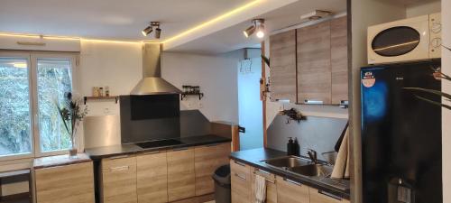 una cucina con un lavello e un frigorifero nero di Studio premium a Luz-Saint-Sauveur