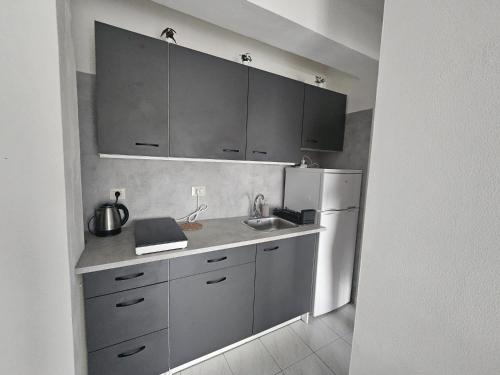 a kitchen with a sink and a refrigerator at Maremonti in Letojanni