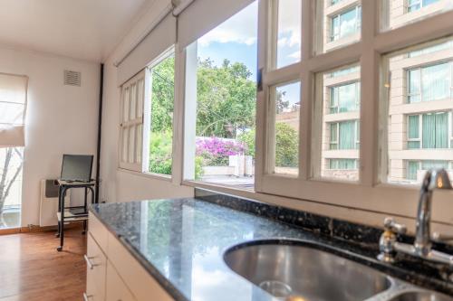 a kitchen with a sink and two windows at "Casa Amalia Apartamentos" Plaza Italia y Arístides a media cuadra, Ubicación Exclusiva Top in Mendoza