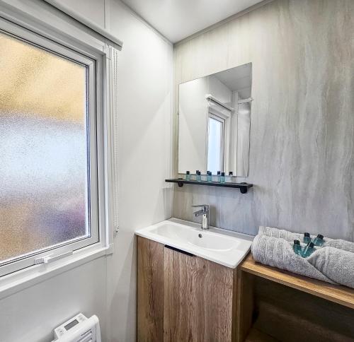 a bathroom with a sink and a mirror at Séjour en Forêt 4 étoiles in Litteau