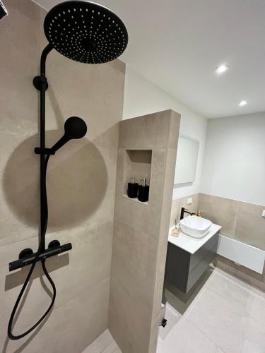 a bathroom with a shower with a toilet and a sink at B&B Mirre in Kapelle