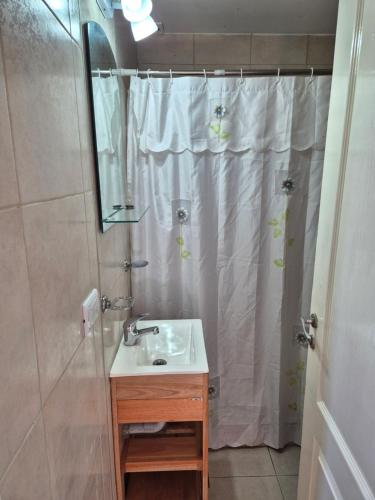 a bathroom with a sink and a shower with a shower curtain at Rent Santa Clara in Santa Clara del Mar