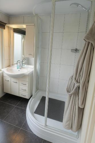 a bathroom with a shower and a sink at Moonlight Nature Holiday Home in Westergeest