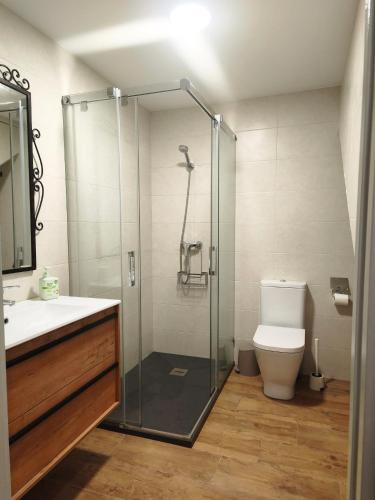 a bathroom with a shower and a toilet at Casa Escola in La Pobla de Segur