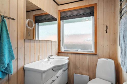 a bathroom with a sink and a toilet and a window at SJ316-Hejls-Ronnebaervaenget-9 in Hejlsminde