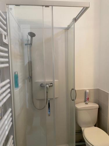 a bathroom with a glass shower with a toilet at Studio centre ville in Nevers