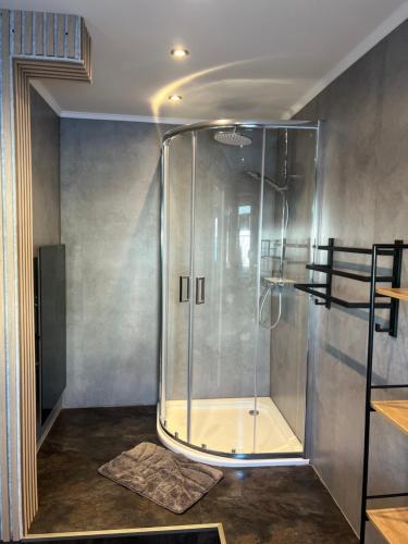 a glass shower in a bathroom with at Fichtelrooms in Fichtelberg