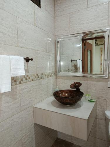 a bathroom with a sink with a bowl on a counter at Hotel El Internacional in Granada