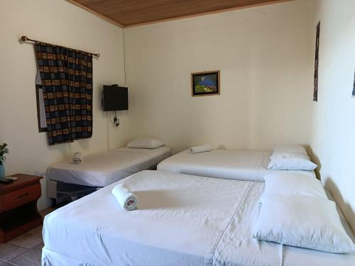a room with three beds and a tv at Hotel El Internacional in Granada