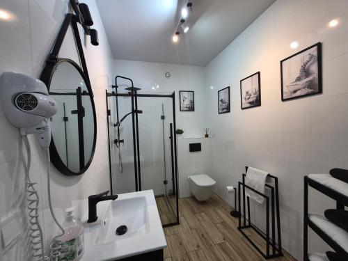 a bathroom with a shower and a sink and a mirror at Różana Piątka ul Oporowska 22 A in Kutno