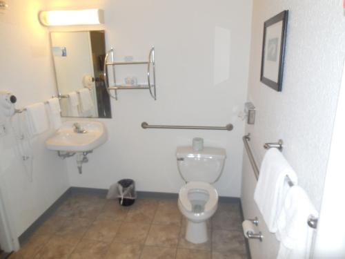 a bathroom with a toilet and a sink at Super 8 by Wyndham Sault Ste. Marie in Sault Ste. Marie