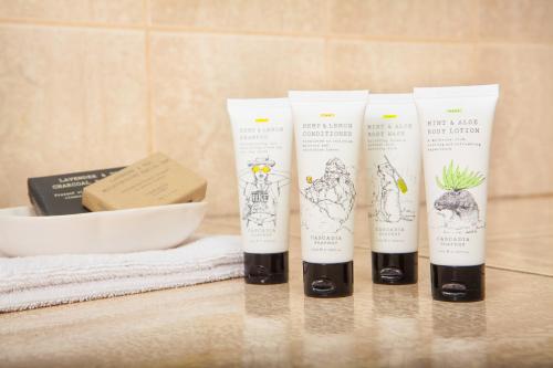 a group of four products sitting on a table at Hotel 1080 in Brooklyn