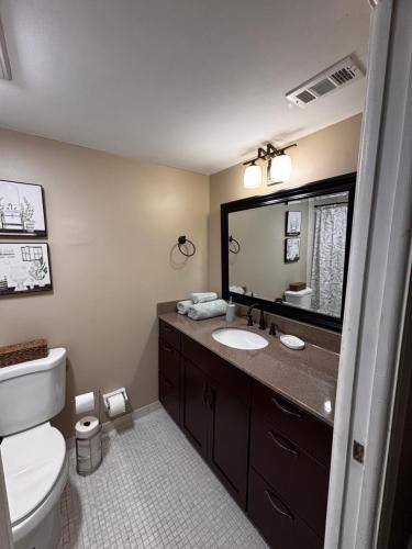 a bathroom with a toilet and a sink and a mirror at Casa SolMar in Fort Pierce