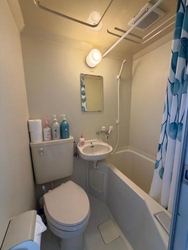 a small bathroom with a toilet and a sink at Kinjiro Hotel in Tokyo