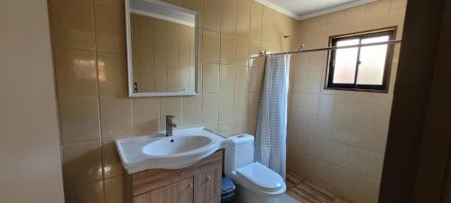 a bathroom with a sink and a toilet and a mirror at Cabañas San Pedro in Arauco