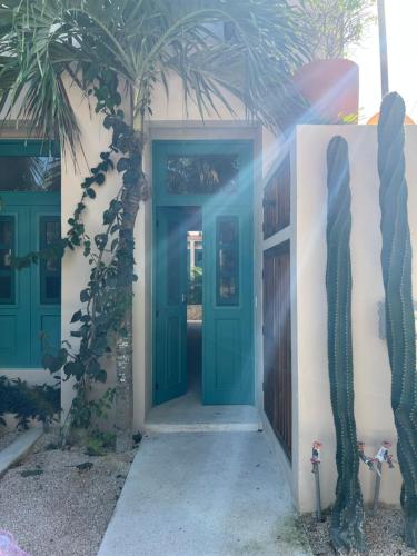 a blue door of a house with a palm tree at T'uut' Hotel in El Cuyo