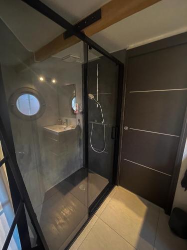 a bathroom with a shower and a sink at Carrière de la Tour in Condé-sur-Sarthe