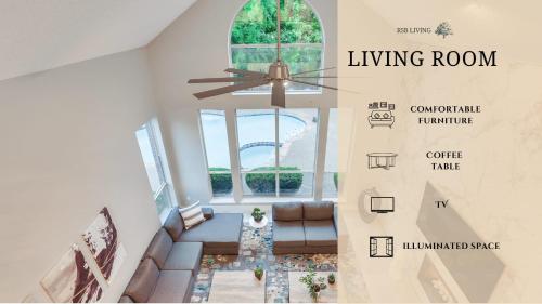 a living room with a couch and a chandelier at Captivating 6BR 3B Home with Pool & Fire Pit in Mesquite