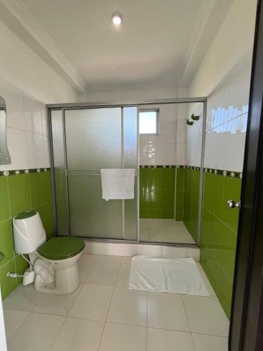 a green bathroom with a toilet and a shower at Yopo Resort in Yopal