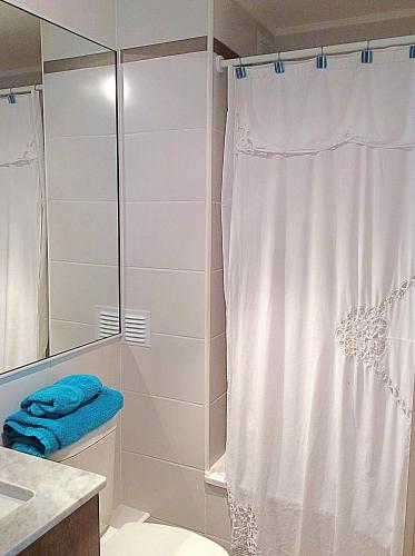 a bathroom with a shower and a shower curtain at Departamento Costa Pucon in Pucón