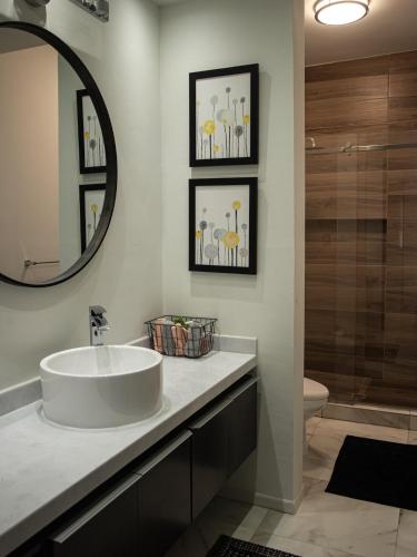 a bathroom with a sink and a mirror at Casa Consulado Creta in Manuel F. Martínez