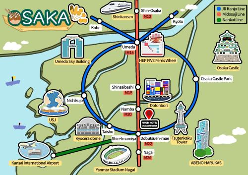 a map of sa kaikiki with attractions at Hiyori Hotel Osaka Shinsekai in Osaka