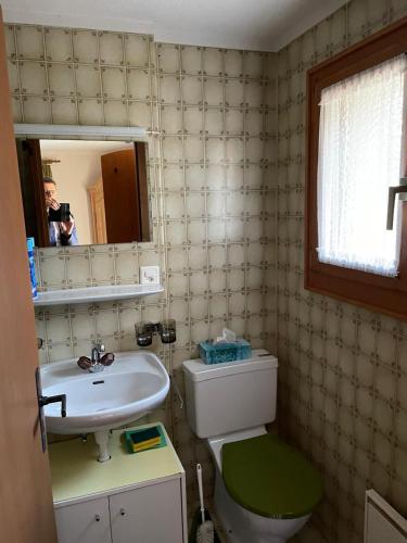 a person taking a picture of a bathroom with a toilet and sink at Cottage Grundschera Engadin in Brail
