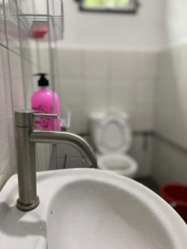 a bathroom sink with a pink bottle of soap at Rugani Homestay in Papar