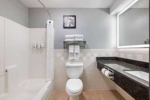 a bathroom with a toilet and a sink at AmericInn by Wyndham Aberdeen Event Center in Aberdeen
