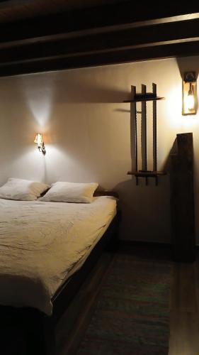 a bedroom with a bed and a shelf on the wall at Peter Cottage in Petrilaca de Mureş