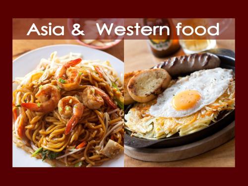 a collage of two pictures of food with shrimp and noodles at Namhasin House in Koh Tao