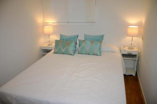 a white bed with blue pillows in a bedroom at Reina Sofía Acogedor in Madrid