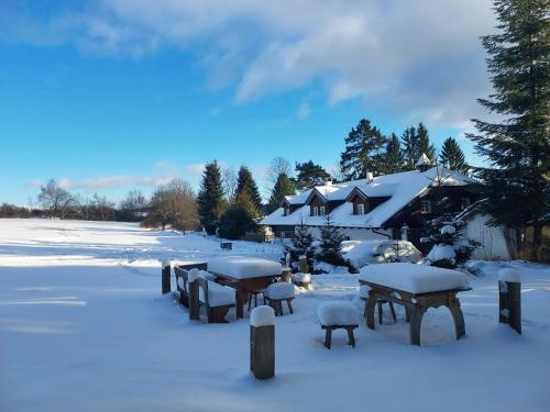 a yard covered in snow with tables and a house at Apartmány U Šakala in Zdíkov