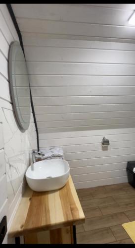 a bathroom with a white sink and a mirror at Тиша in Verkhovyna