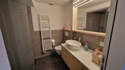 a bathroom with a sink and a toilet and a mirror at Ferienwohnung Tulipana in Müstair