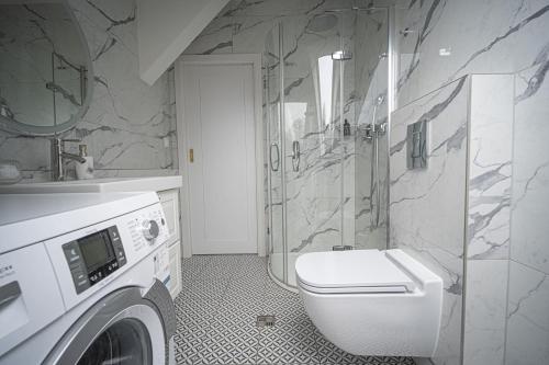 a bathroom with a washing machine and a shower at Apartmány Harmony Liptov - City Center & Private Wellness in Liptovský Mikuláš