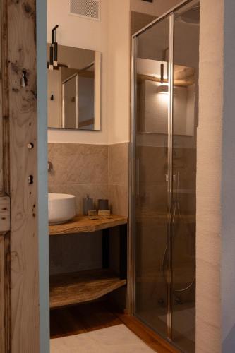 a glass shower in a bathroom with a sink at Visaisa taverna & foresteria in Acceglio