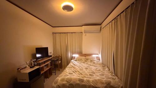 a small bedroom with a bed and a television at Bon House Kanamachi Direct to Sensoji Skytree Disneyland Airport Free Parking Reservation Required in Tokyo