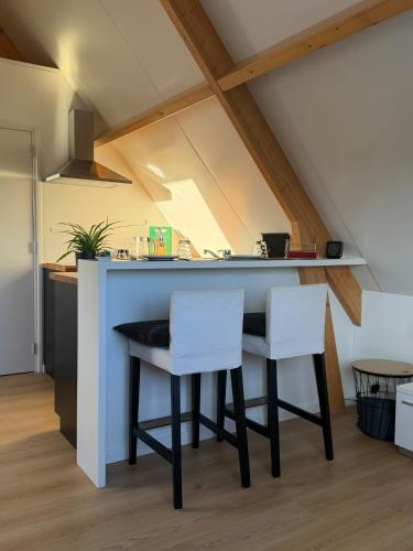 a kitchen with a table and two white chairs at Top appartement in prachtige hart van Nederland Kortenhoef in Kortenhoef