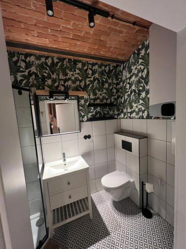 a bathroom with a toilet and a sink and a mirror at Apartament M6 in Leśna