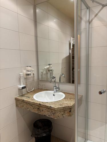a bathroom with a sink and a shower at Landgasthof Freiberger in Schnabelwaid
