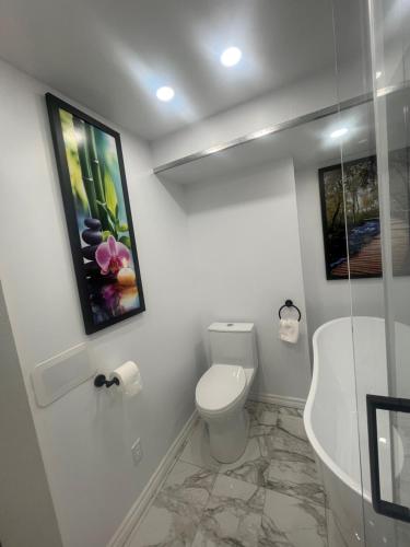 a bathroom with a toilet and a painting on the wall at Cute and Cozy Studio with Private Parking in Montreal