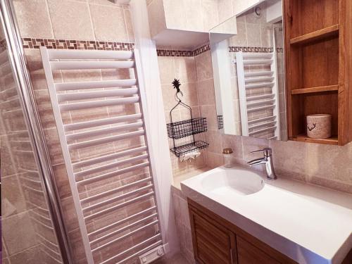 a bathroom with a sink and a shower and a mirror at Exceptional Duplex, Cozy & Authentic Atmosphere in Les Gets