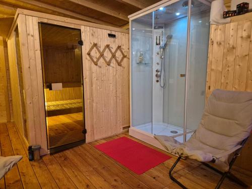 a bathroom with a shower and a chair in a room at Dimora del Serva in Belluno