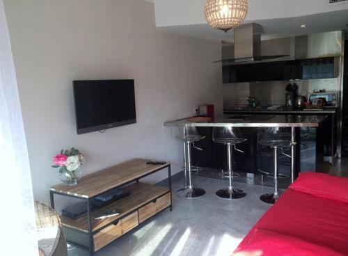 a living room with a bar and a tv at Appartement le Saint James in Nice