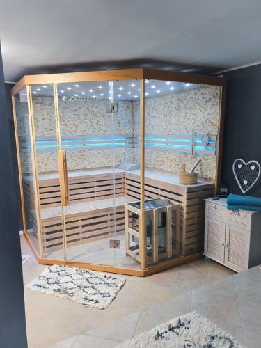 a room with a sauna with glass walls at Klein Waldseele in Warmensteinach