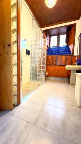 a bathroom with a glass shower and a sink at Caleton-Gara-Suites in Garachico