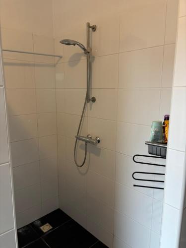 a bathroom with a shower with a black tile floor at Nice apartment next to the beach in Scheveningen
